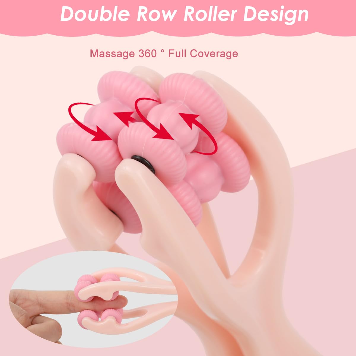 HANNEA Finger Acupressure Roller Massager for Stress Relief with Dual Row Design | Pink