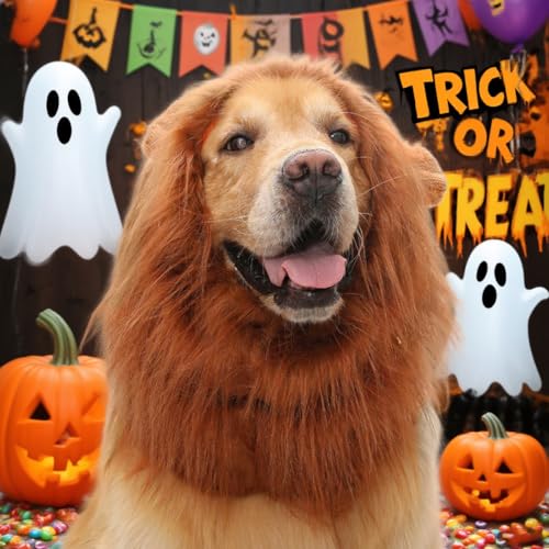 Qpets® Lion Costume Set for Dogs - Adjustable Mane Headpiece & Tail with Ears Halloween Dress Up Party Accessories for Medium Large Breed Dogs Christmas Festival Photo Props Pet Costume