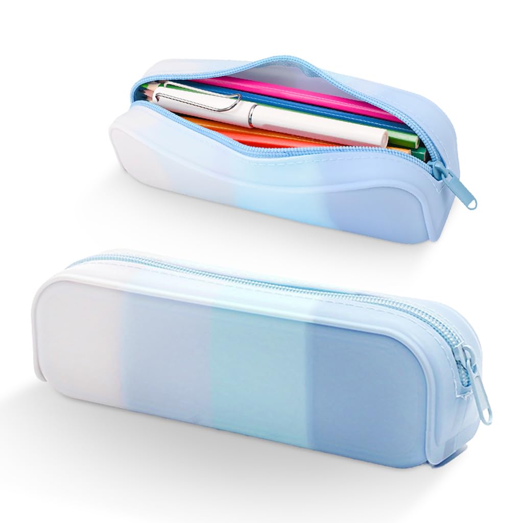 SNOWIE SOFT Pencil Pouch for School and Office with 20x6x5cm Capacity | Blue Gradient Silicone Zipper Case for Girls