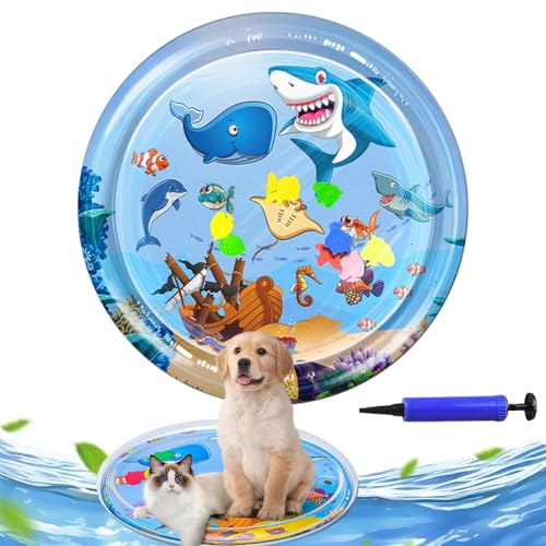 Qpets Cat Water Bed Inflatable Water Mat with Air Pump Summer Cooling Down Water Bed Anti-Scratch Thicken PVC Game Water Mat with Built in Fish Ornaments, 39.37 inches Dia