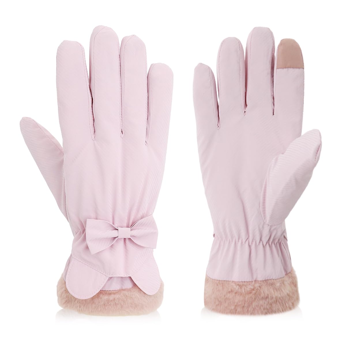 Venzina® Winter Warm Gloves for Women Cute Pink Bow Women Mittens Plush Lining Thermal Hand Gloves Anti-splash Coating Design with Touch Screen Finger Birthday Christmas Women Gift