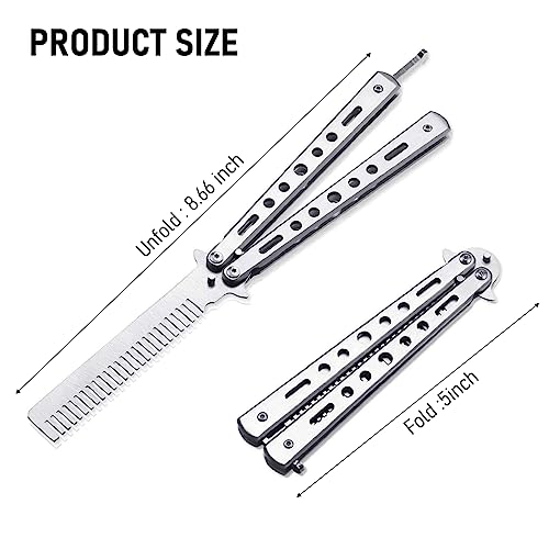 ZIBUYU® Butterfly Professional Training Comb Stainless Steel Folding Practice Unsharpened Blade Stylish Saloon Tool for Beginners Silver 2PCS