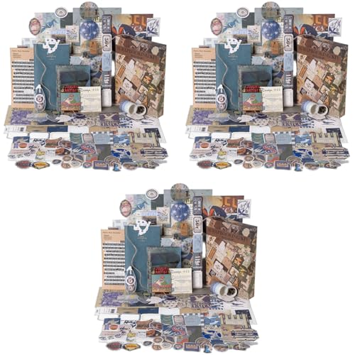 HASTHIP® Paper Scrapbook Stickers Supplies Kit Diy For Journaling Scrapbooking Retro Aesthetic Bullet Junk Journals Notebook Blue 3 PCS