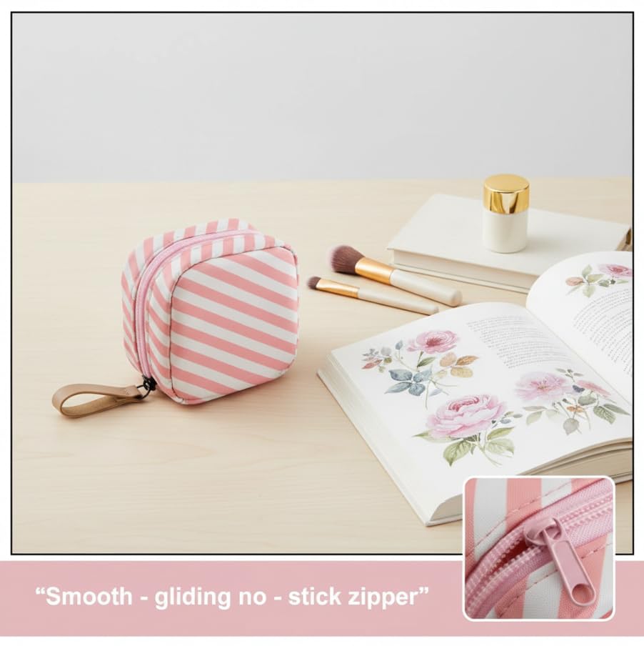 ZIBUYU Small Polyester Pouch for Travel and Cosmetics featuring Smooth Zipper | Pink Stripes 5 cm