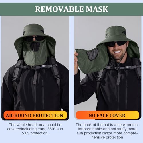 GUSTAVE® Men Silicone Sun Hat Wide Brim Hiking UV Protection with Neck Flap Removable Face Cover Green Free Size 3PCS