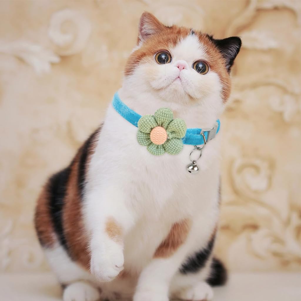 Qpets Cat Collar with Bell featuring Quick Release Buckle and Adjustable 19–32cm Fit | Soft Blue Plush with Crochet Flower