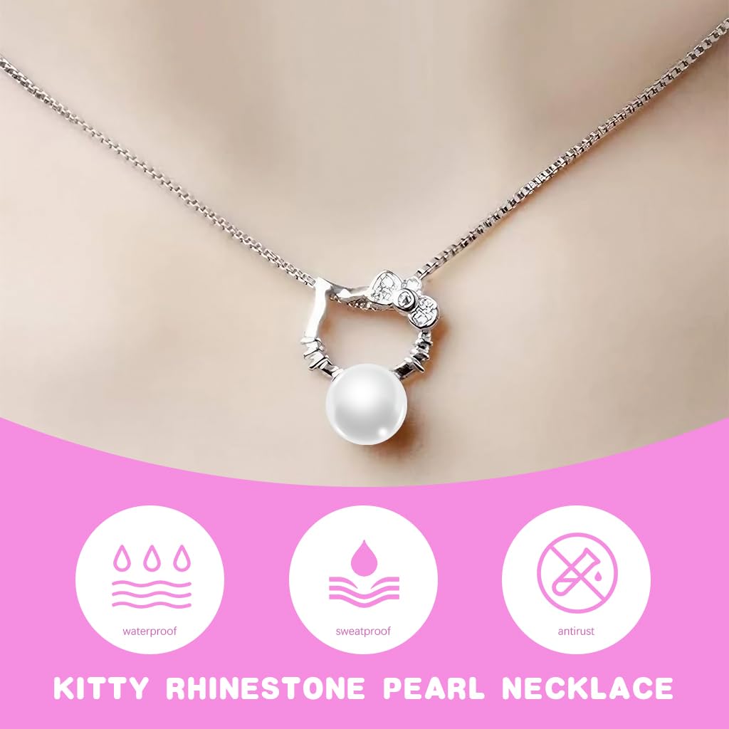 SANNIDHI Hello Kitty Necklace for Women and Girls with Rhinestone Pendant | Velvet Gift Box