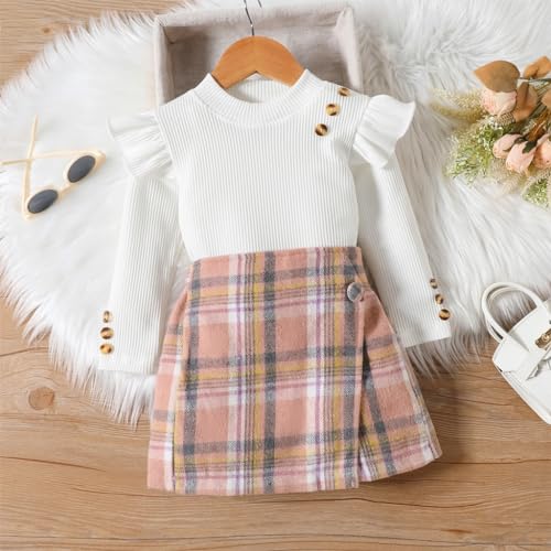 PALAY® Baby Toddler Girl Clothes Kit Girls Set of 2Pcs Top and Shorts Long Sleeve Ruffle Shirt Base Top and Plaid Skirt Shorts for Girls 3-4 Years Old, Size 110cm