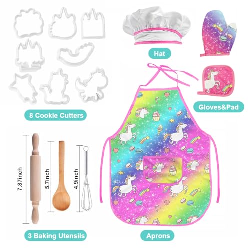 SNOWIE SOFT Kids Baking Supplies Set Little Chef Dress Up Unicorn Apron Cooking Set DIY Cookies Cutter Mold Set with Egg Whisk, Dough Rolling Pins, Cup  Kids Cooking Set for Christmas, Party