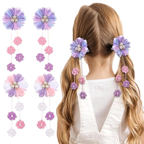 MAYCREATE® 4PCS Hair Bows for Girls, 6 Inch Purple Flower Grosgrain Ribbon Bows With Alligator Clips, Kids Hair Accessories for Toddlers, Teens, Back to School, Braids, Pigtails, Hair Decoration (2 Colors)