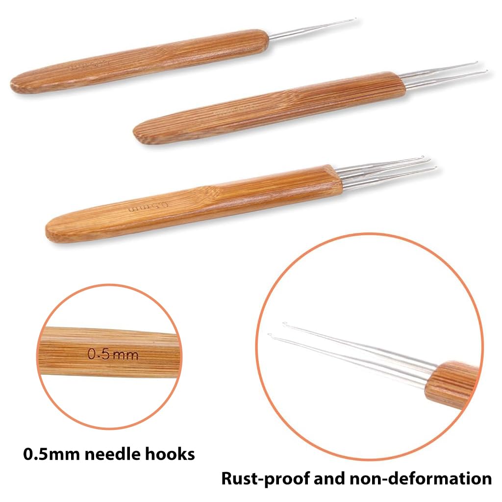 HASTHIP® Dreadlock Crochet Hook Set of 6pcs Crochet Hook Set with 3Pcs 0.75mm Crochet Hook & 3 Hair Locking Tools Needle Weaving Crochet for Braid Craft Dreadlocks Needle Weaving Kit