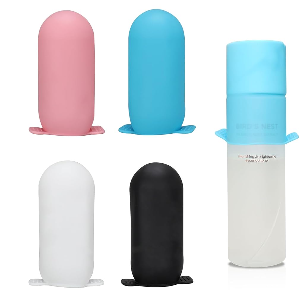 MAYCREATE® 4Pcs Travel Bottle Cap Sleeves High Elastic Silicone Bottle Covers Leaking Proof Sleeves for  Toiletries Travel Bottles Close-fit Travel Bottle Cap Sleeves