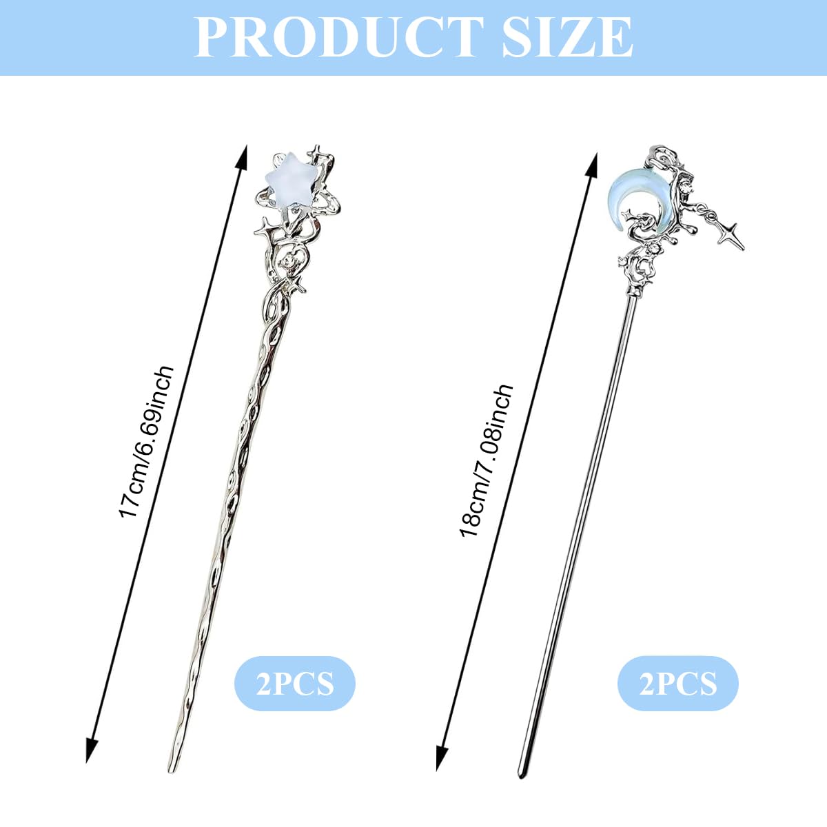 SANNIDHI Hair Sticks for Bun with 7 in Crescent Star Charm Metal Alloy Design | Women Updo Accessory