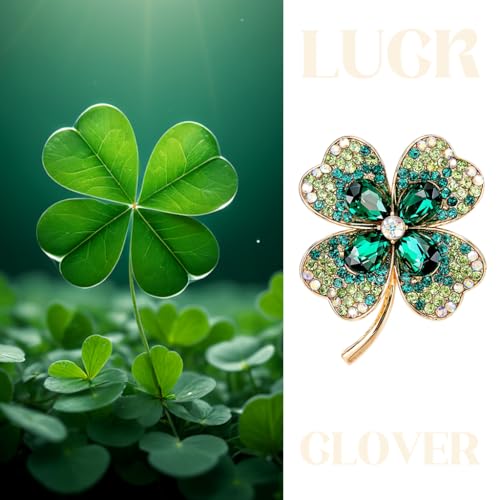 SANNIDHI® 2Pcs Green Clover Leaf Brooch Pin for Women, Gold Plated Vintage Rhinestone Saree Brooches, Lucky Crystal Jewelry Gift, Elegant Saree, Dress, Blazer, Shawl Accessory, Durable Metal