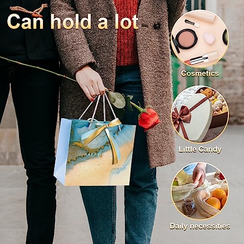 HASTHIP® 10pcs Gift Paper Bags, Gift Bags Medium Size with Bow Ribbon, Portable Paper Gift Bag with Handles, Birthday Gift Bags, Marble Pattern Present Bags for Diwali Christmas Wedding Party, Blue