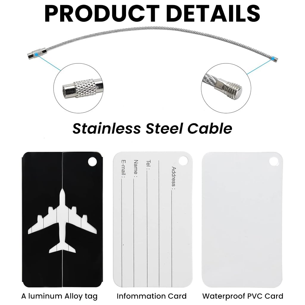ZIBUYU Luggage Tags 3 Pack for Travel with Steel Loops and Privacy Cover | Black Aluminum ID Labels