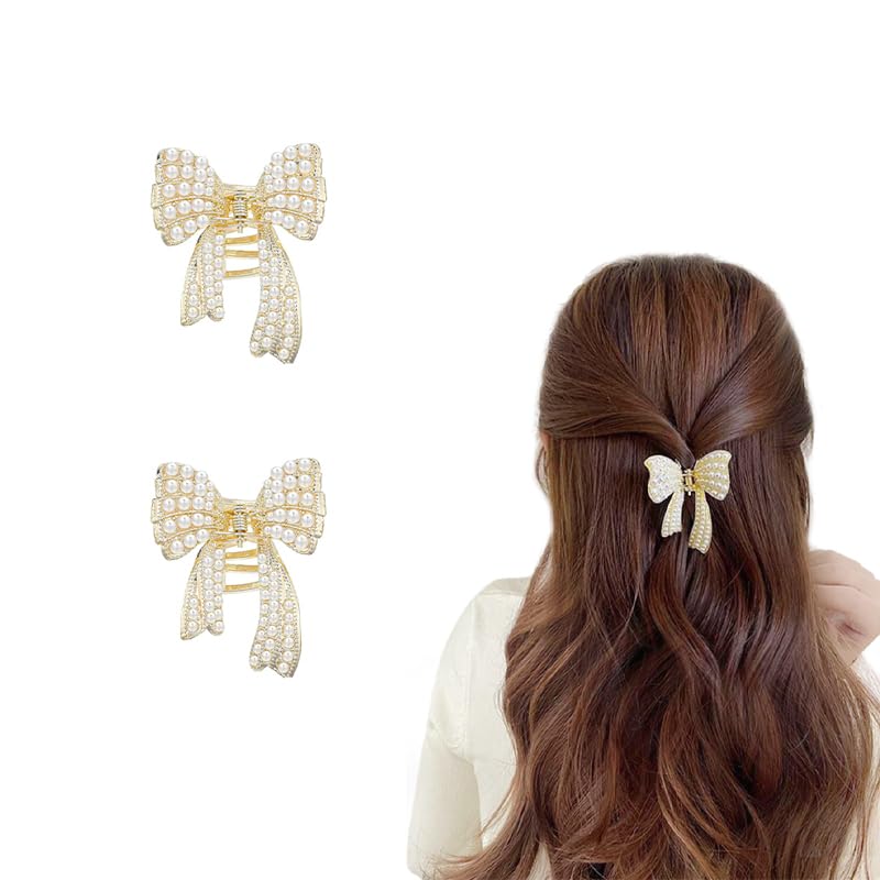 ZIBUYU® 2PC Small Pearl Bow Hair Clips for Women & Girls, Golden Alloy Non-Slip Half Updo Hair Accessories, Elegant Wedding & Party Styling, Strong Hold Claw Clips, Fashion Gift for Thick/Thin Hair