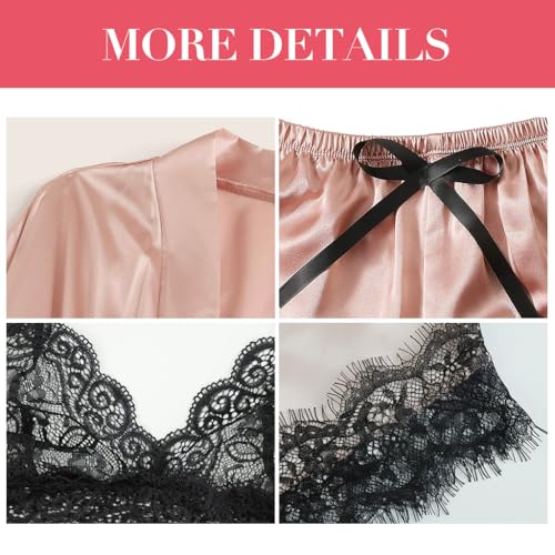 PALAY® Women Lingerie Underwear Suit Set of 8PCS Silk Lace Longsleeve Robe Black Bra Thong M