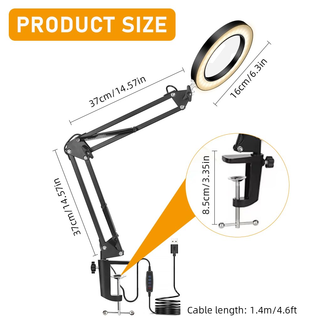 HASTHIP® Desk LED Magnifier 10X Magnifier with Flexible Arm, USB 3-Color LED Magnifier with Controller Desk Mounted LED Lamp USB Desk LED Magnifier for Repairing, Reading, DIY Crafting