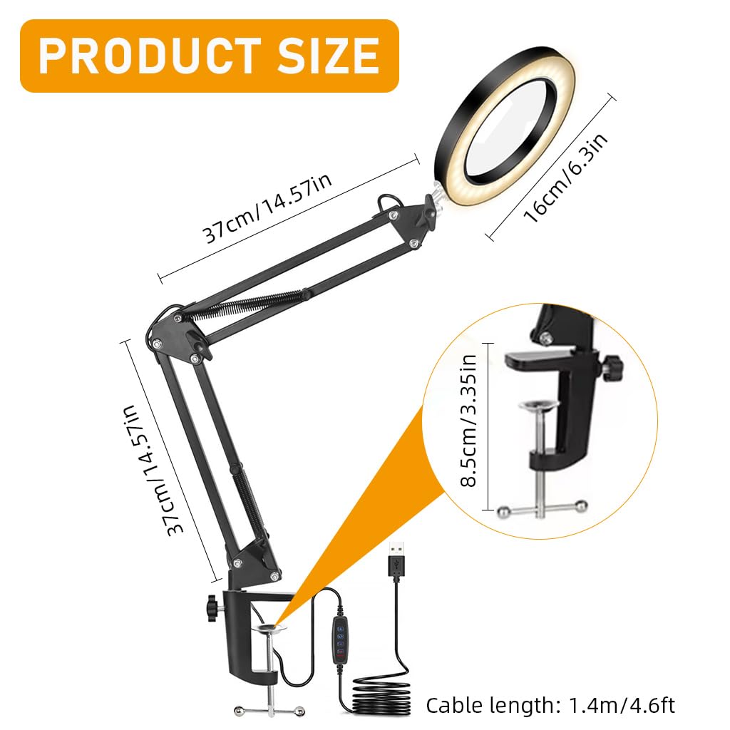 HASTHIP Desk LED Magnifier for Repairing and Crafting with 10X Lens & Flexible Arm Clamp | USB 3-Color Light