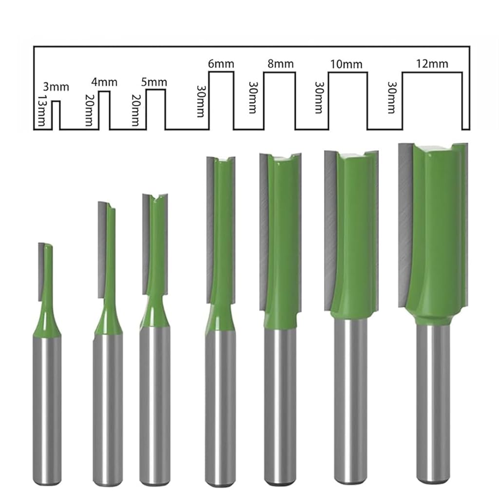 Serplex® 7PCS 1/4 Inch Shank Tungsten Carbide Double Single Flute Straight Dado Router Drill Bit Set Carpenter Tools Wood Work 3 4 5 6 8 10 12mm Cutting Diameter Trimming Cutter Woodworking