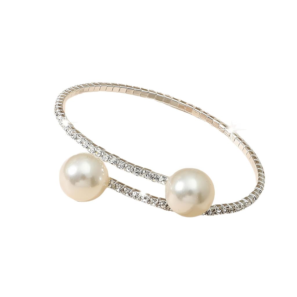 Zibuyu Pearl Bangle Bracelets for Women with Adjustable Cuff and Crystal Rhinestones | Elegant Bridal Jewelry Accessory