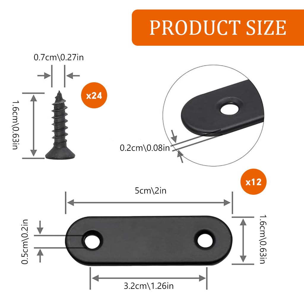 Serplex Flat Plate Straight Brackets Set for Wood and Furniture with Screws 12 Pcs 50mm Black Stainless Steel | Ideal for Shelves and Bed Frame Repairs
