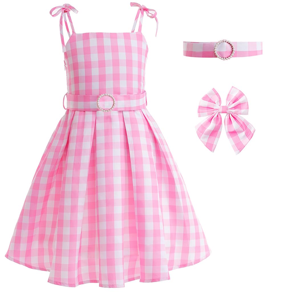 SNOWIE SOFT Girls Pink Cosplay Costume Dress with Belt and Bow for 110cm Kids | Polyester Cotton Movie Outfit