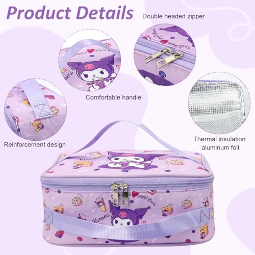 HASTHIP® Cotton Kuromi Insulated Bento Box Lunch Bag 11.4x8.3x3.9 Inch Multi-Purpose Waterproof Dual-Handle Design Office Storage for Kids Students Adults Purple 2PCS
