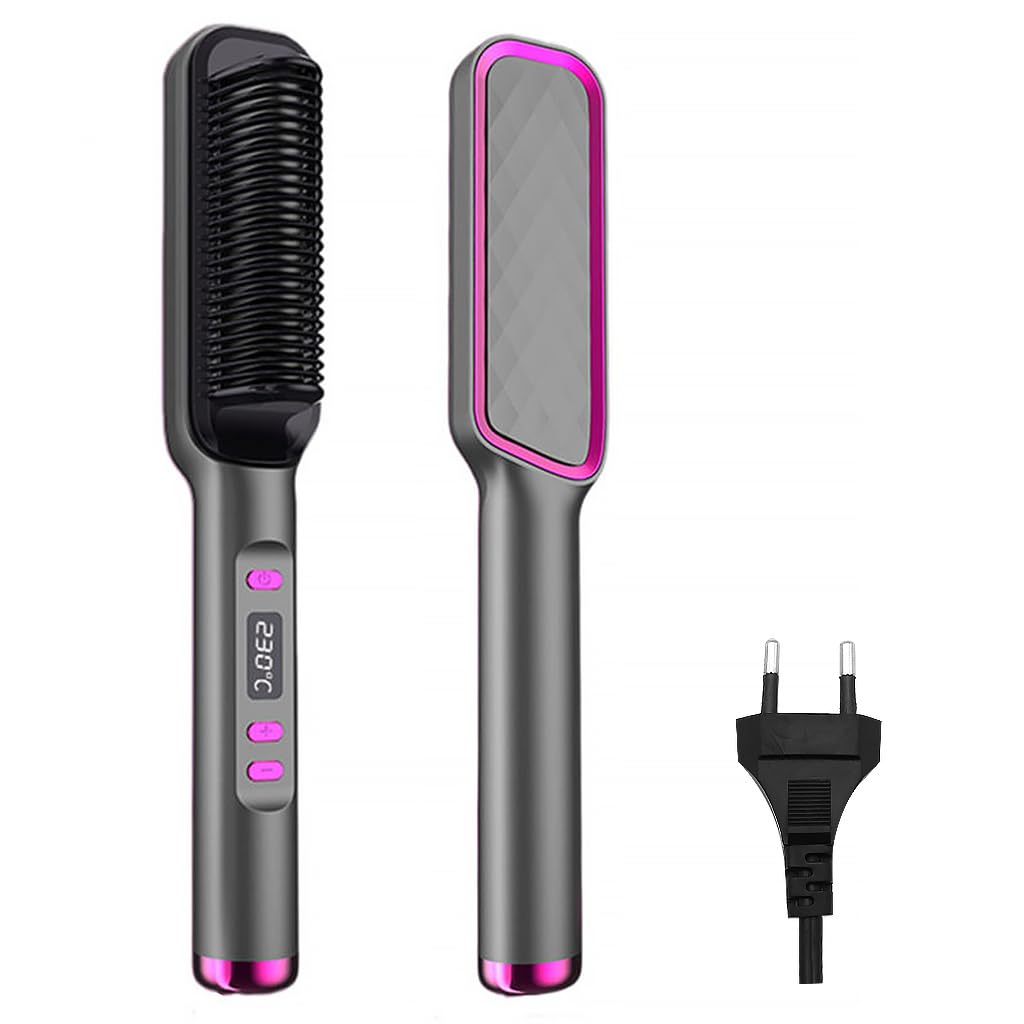 HANNEA Hair Straightener Brush with 24 Heated Teeth and PTC Heating | 80–230°C LCD Adjustable for Women