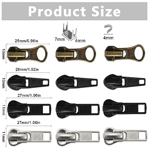 HASTHIP® Zipper Repair Kit Includes 12pcs Replacement Metal Zipper Sliders Puller, Zipper Head Bottom Stop and Top Stops, Universal for Repairing Coat, Jacket, Bag