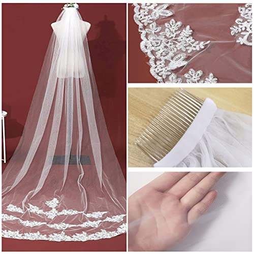 PALAY® Womens Polyester Bridal Veil 3M Wedding Cowl For Bride White Lace Edge Long Cathedral 1 Tier Drop Tulle Hair Accessories 3 PCS