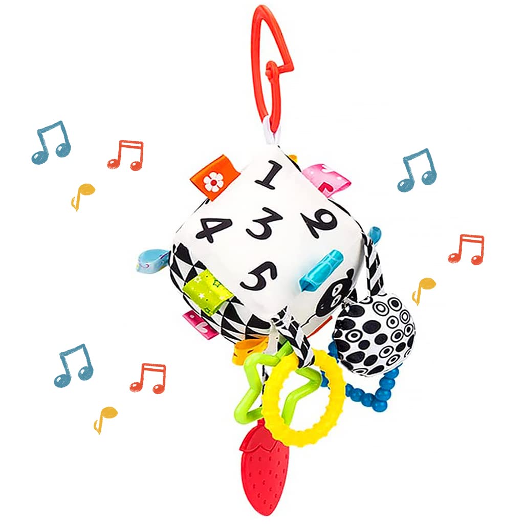 SNOWIE SOFT Baby Hanging Toys for Crib and Stroller with Rattle Sound & Silicone Teether | Soft Cloth High Contrast Toy for Infant 0–12 Months