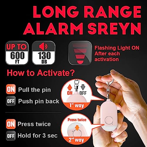 Supvox® Self Defence Gadgets Rechargeable Alarm Keychain 130 dB Loud Emergency Personal Siren Ring with LED Light SOS Safety Alert Device Chain for Women Kids Elderly Joggers Pink 2 PCS