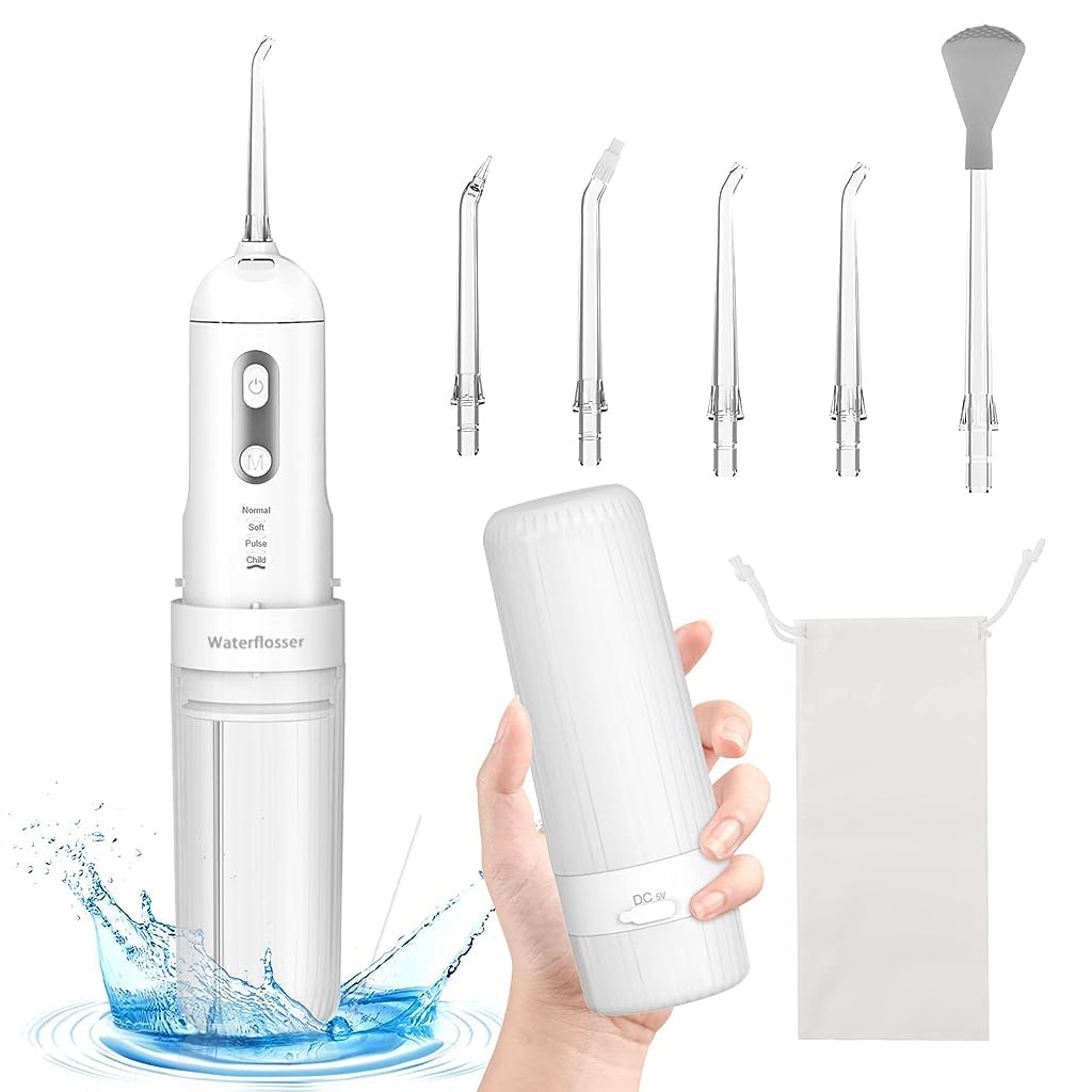 HANNEA® Dental Flosser for Teeth Cleaner, Cordless Water Oral Irrigator 4 Cleaning Mode with 5 Jet Tips Water Dental Floss IPX7 Powerful battery for Teeth Cleaning Braces, Home, Travel