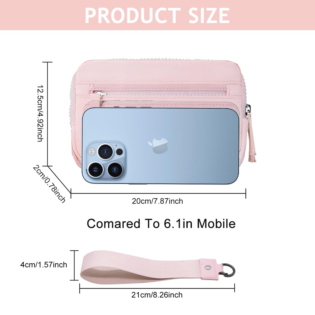 PALAY Wristlet Wallet for Travel with 3 Zipper Compartments and Pink Quilted Nylon Design