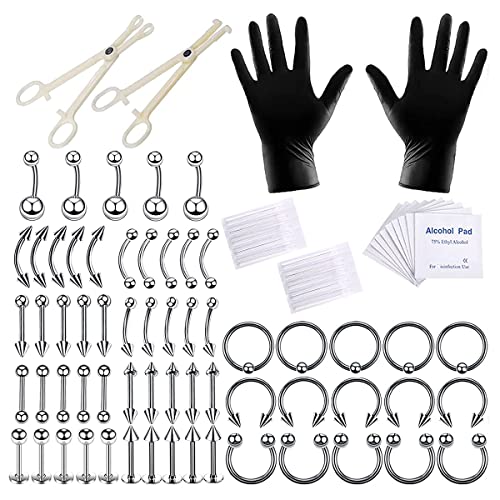 MAYCREATE® 84pcs Body Septum Piercing Kit, Professional Stainless Steel Belly Piercing Kit for All Piercings Nose Tongue Lip Ear Eyebrow Cartilage Piercing Jewelry Piercing Needles Clamps Kits