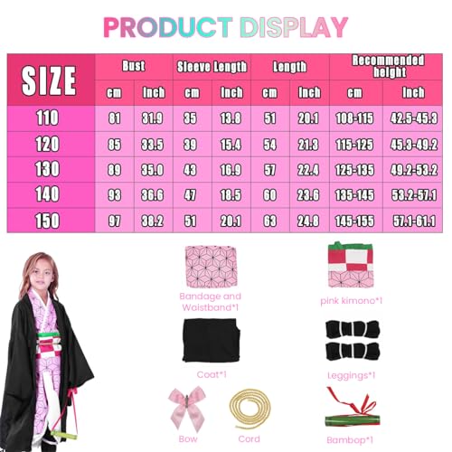 PATPAT® Anime Cosplay Nezuko Halloween Costume for Girls Kimono Anime Nezuko Costume Kids Outfit Black Robe Pink Kimono Uniform Full Cosplay Set Demon Slayer Kids Costume Christmas Gifts, Size 120CM