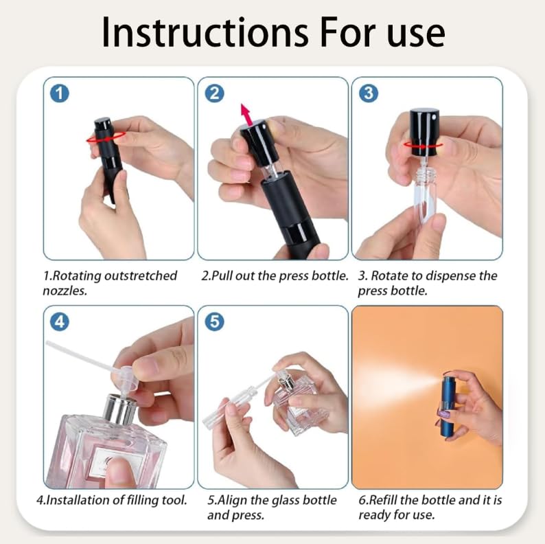 Zibuyu 8ml Empty Mini Perfume Refill Bottle for Travel with Twist Spray Design and Glass & Aluminum Body