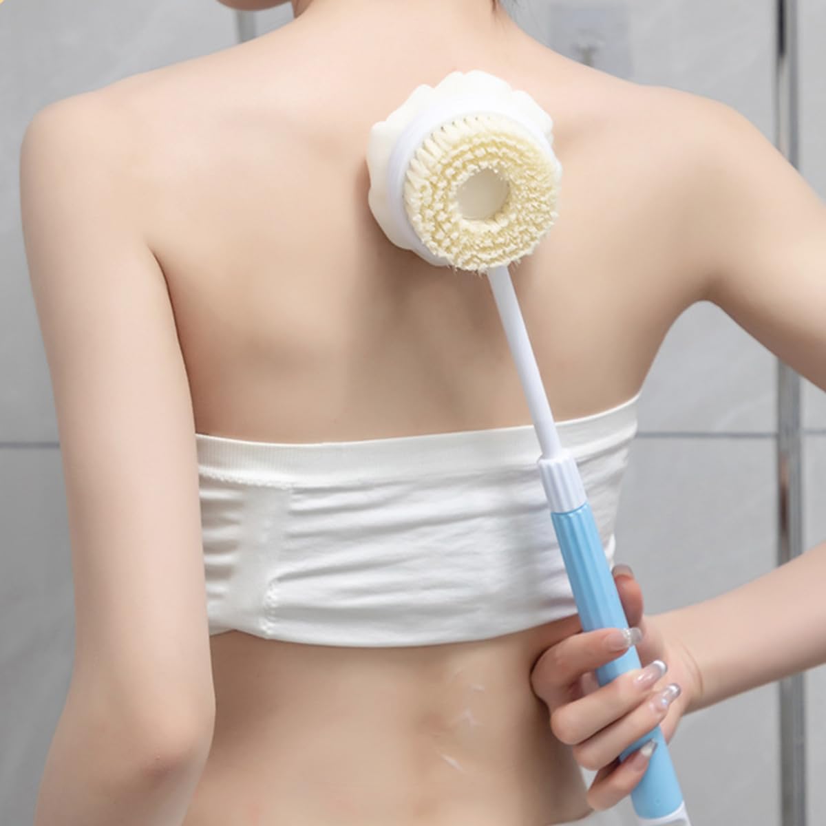 MAYCREATE Silicone Body Scrubber for Shower with 14.9 in Long Handle and Double Sided Design | Gentle Exfoliation for Men and Women