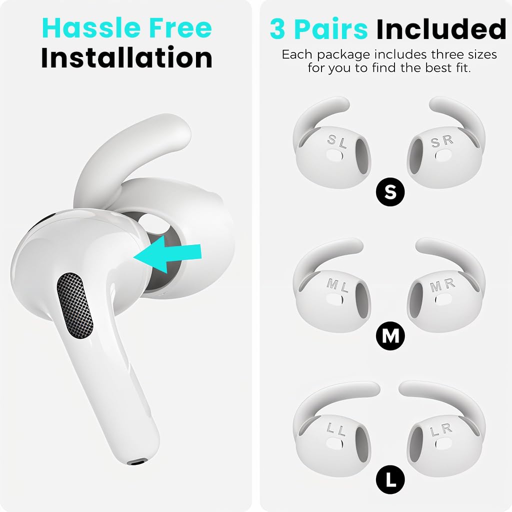 ZORBES Ear Hooks for AirPods 4th Generation with Anti Slip Design and 3 Pairs S M L Silicone Covers | White