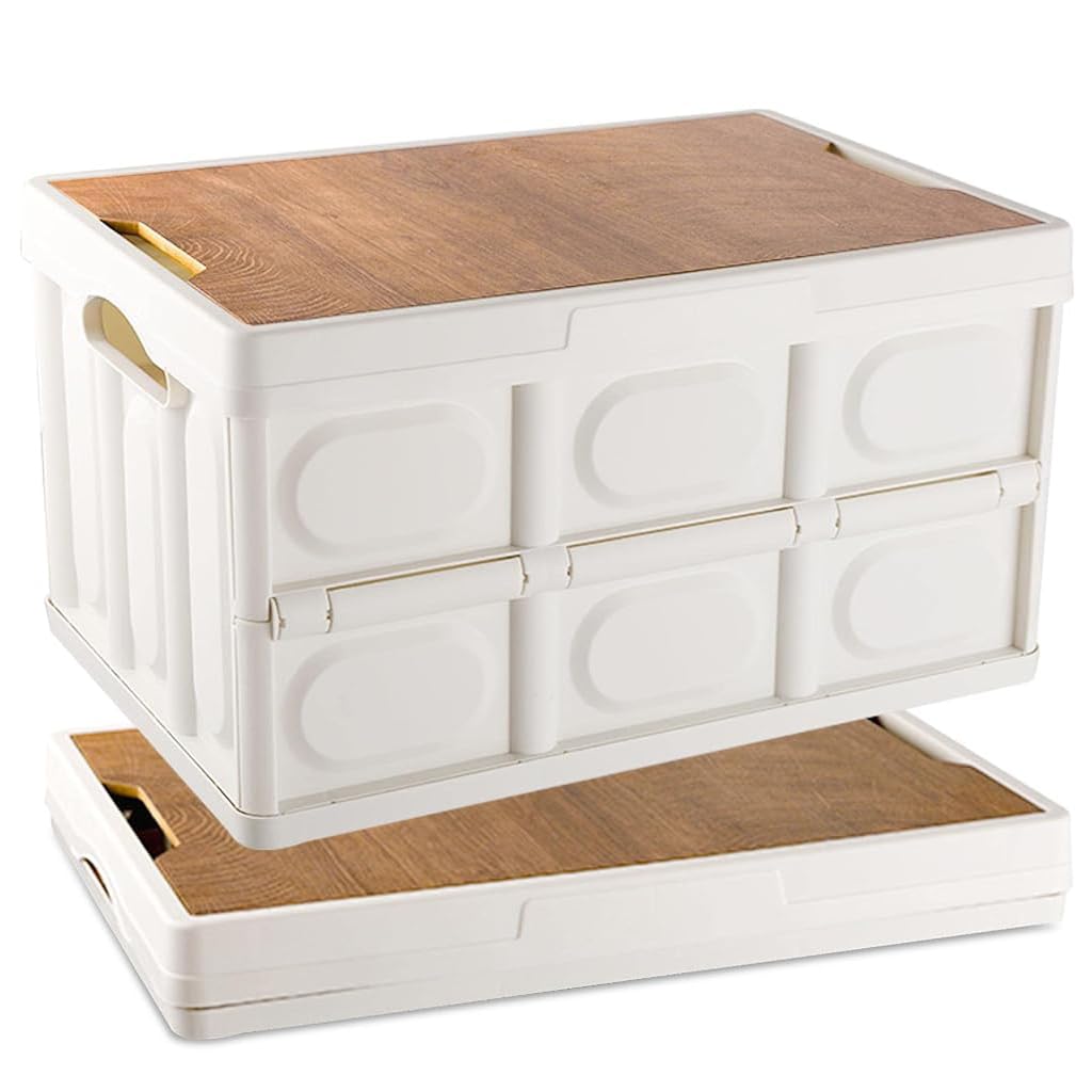 Proberos Camping Storage Box for Outdoor and Car with 30L Capacity and Detachable Wooden Lid | Eco-Friendly PP Organiser