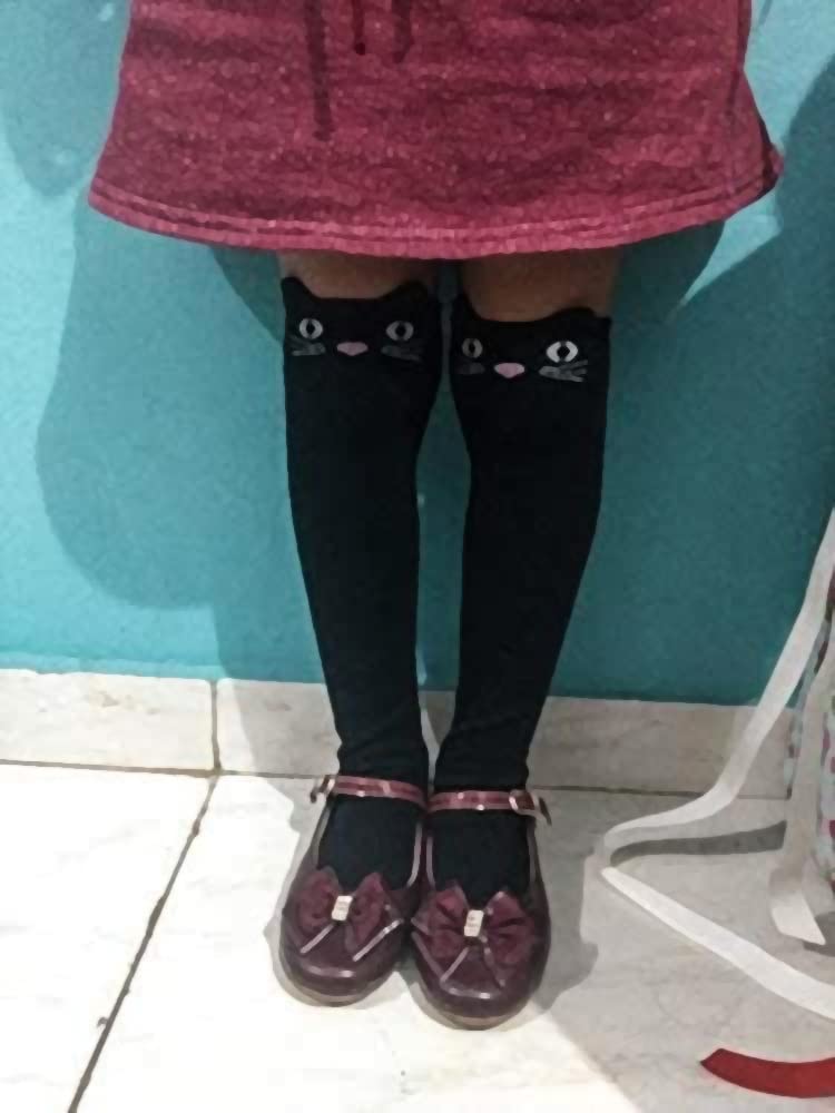 ZIBUYU Cotton Long Socks for Girls featuring Cute Kitty Design and Winter Warmth | 1 Pair Black 2PCS