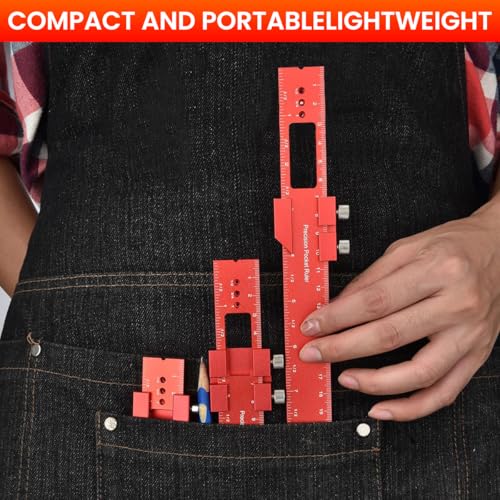 Serplex® Woodworking Ruler Straight 300mm 11 inch Red Aluminum Alloy with Sliding 45 Degree Angle Guides Etched Scale Design Multifunctional for DIY Craft Woodwork Construction 3PCS