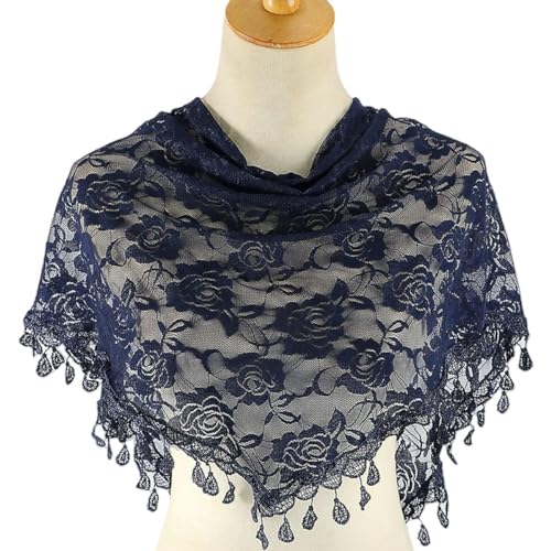 PALAY Lace Mantilla Mass Veil Triangle Head Scarf for Women Tassle Rose Jacquard Church Veil Cathedral Headwear Head Covering for Ladies - Navy Blue