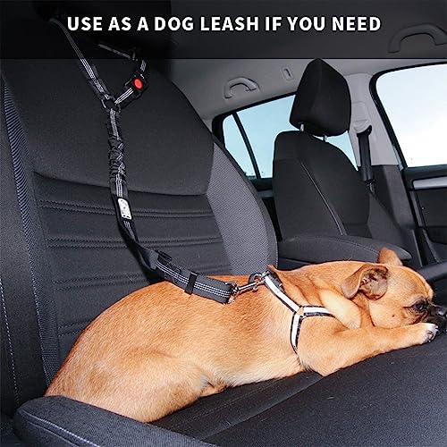 Qpets® Dog Seat Belt for Car 2-in-1 Dog Leash Bungee Dog Leash Safety Restraint Secure for Dog, Dog Harness with 360 ° Swivel Attach Buckle for Car Back Seat