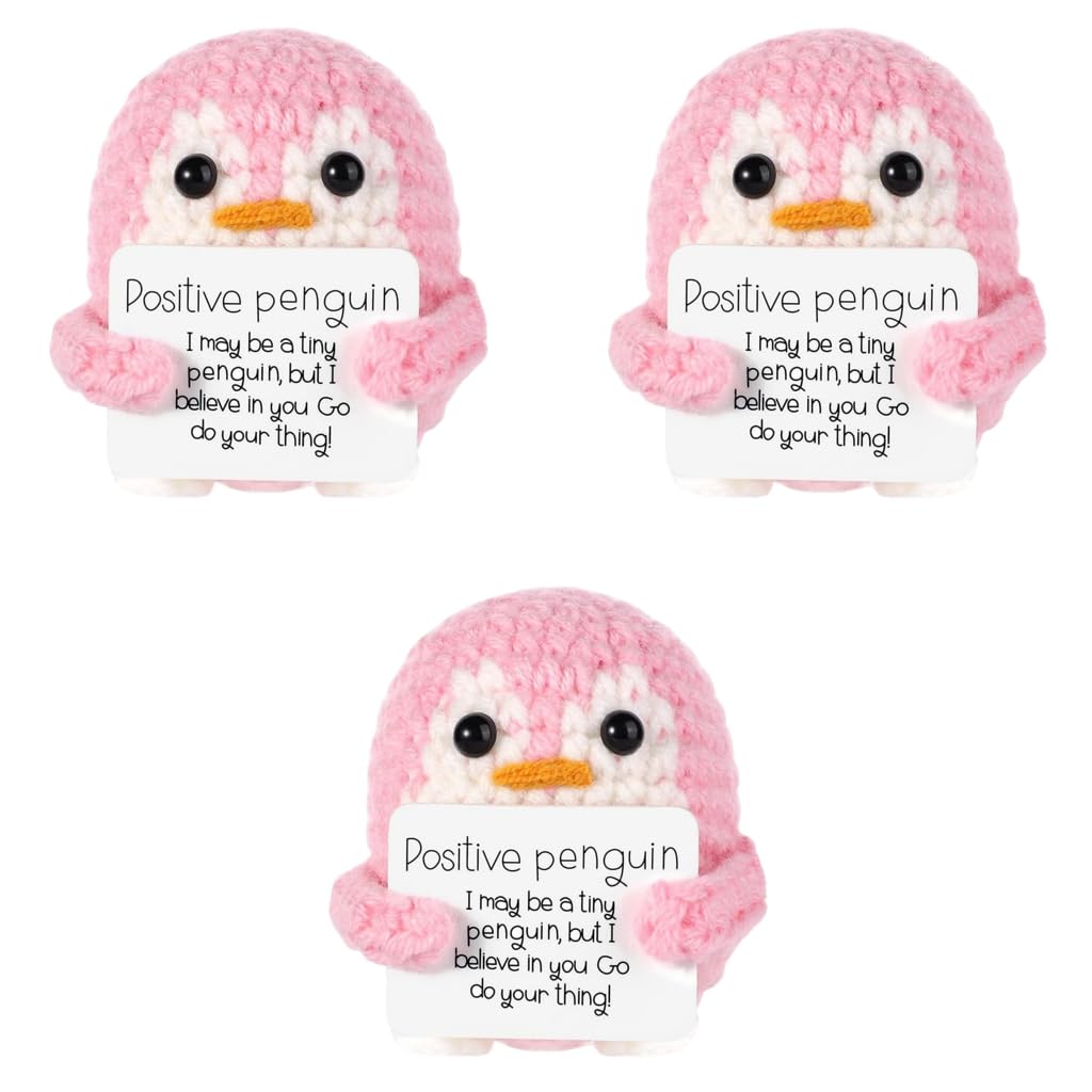ZIBUYU Handmade Crochet Penguin Desk Decor for Office and Nursery with 2.35 in Size | Cute Motivational Gift Set 3 PCS Pink