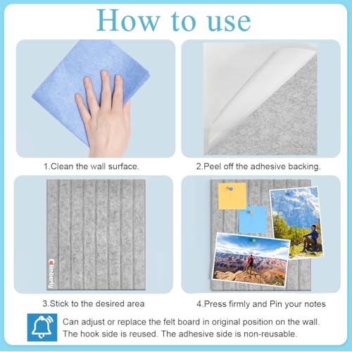 Climberty® 112PCS Felt Bulletin Board Vision, 30x30cm Self-Adhesive Wall Boards with 50pcs Drawing Pins, Message for Paste Notes, Photos, Schedules Grey
