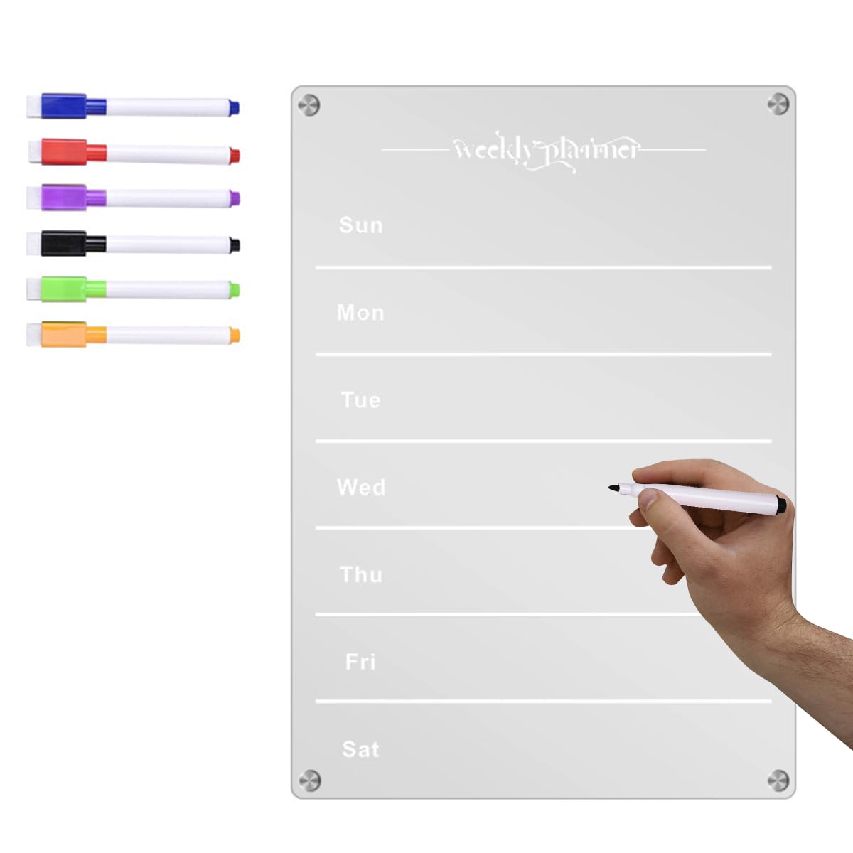 Venzina Acrylic Glass Board Weekly Planner for Fridge with 6 Color Pens 11.69x8.27 in | Clear Magnetic Meal Calendar for Kitchen
