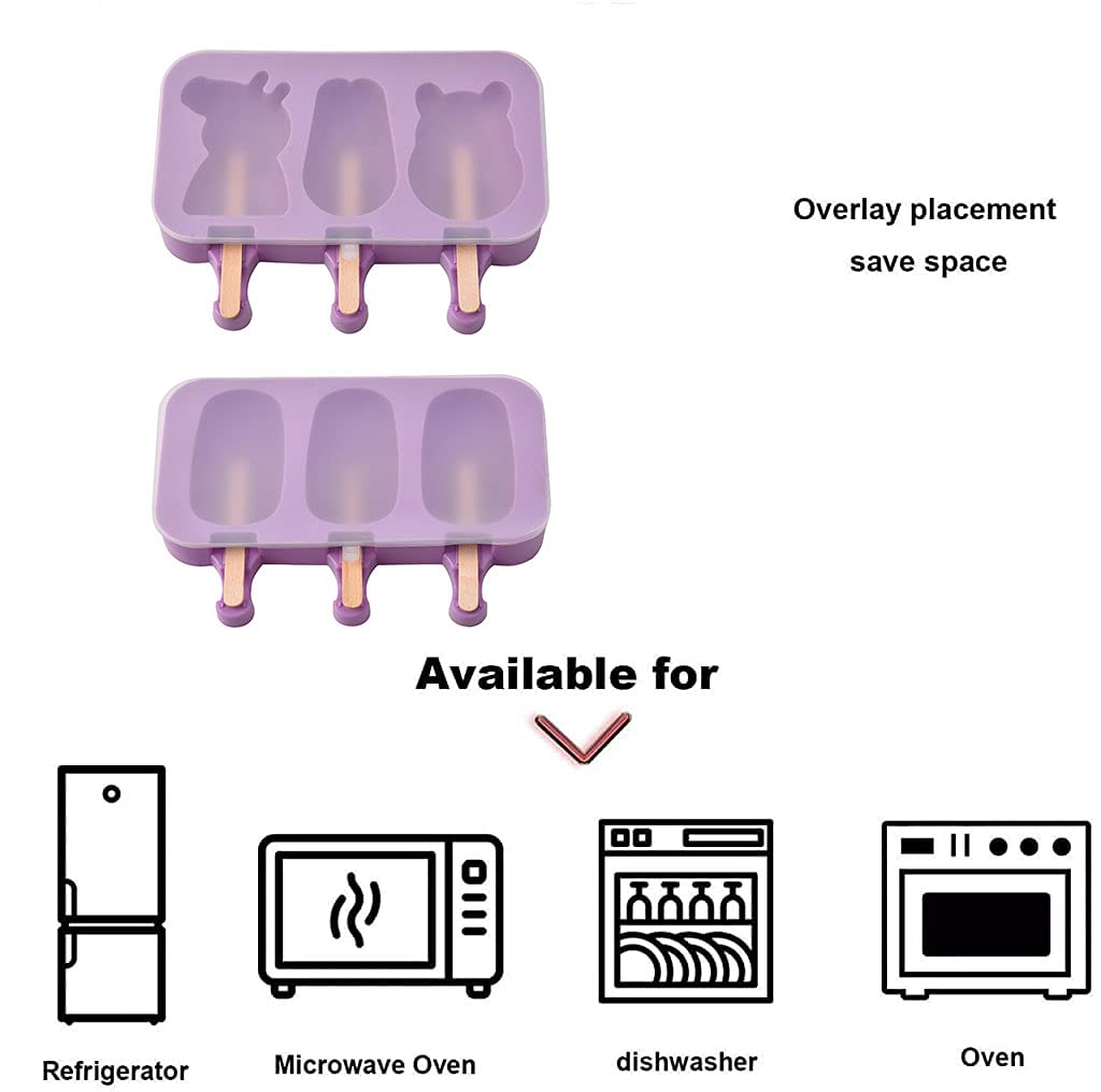 HASTHIP® Cartoon kulfi Ice Cream Mold, Popsicle Mould Silicone, 2 Pieces in 6 Slots, with 100 Wooden Sticks, Reusable, Ice Cream Popsicle Maker, Easy Release